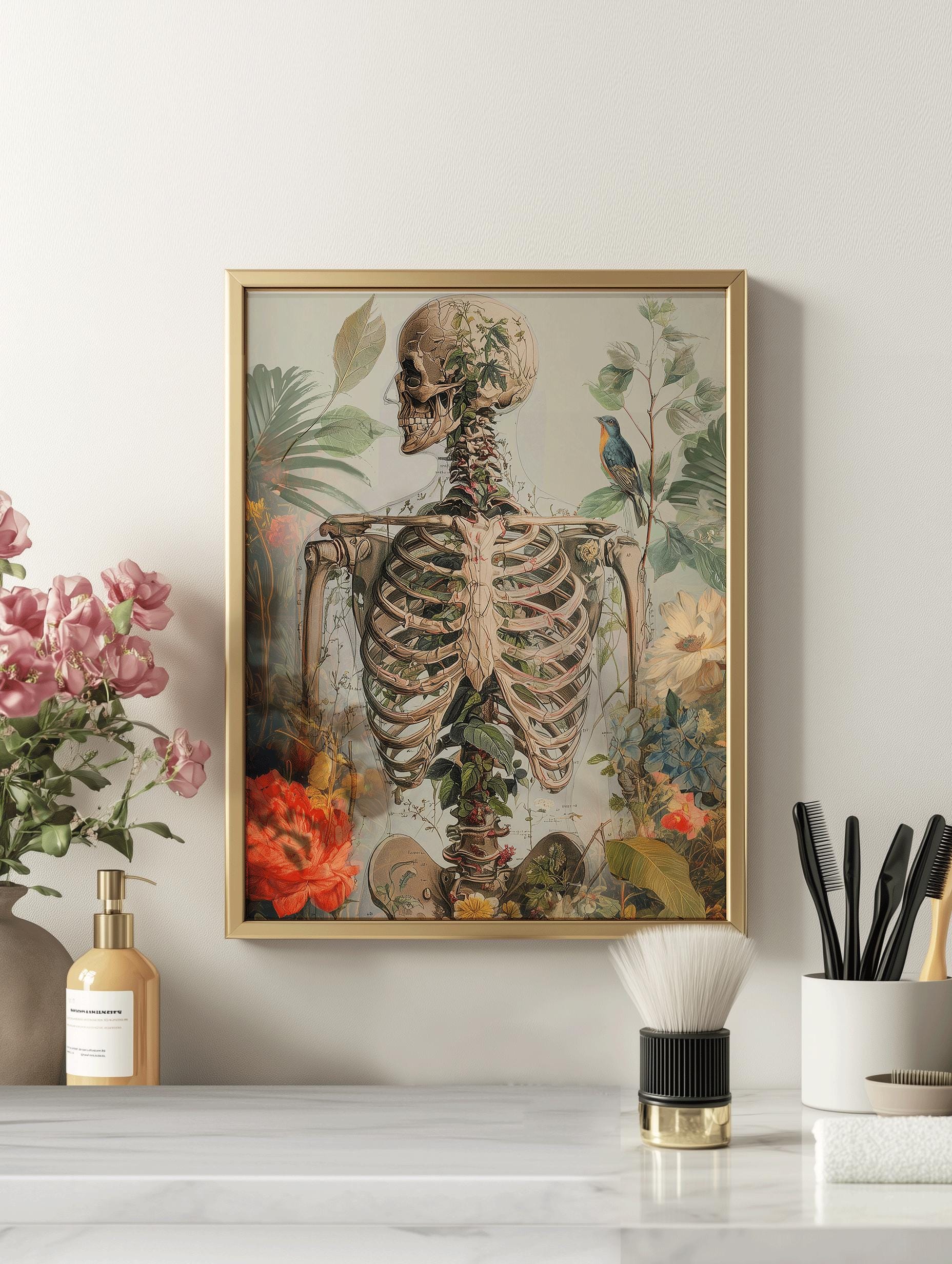Botanical Skeleton Anatomy Poster, Vintage Floral Human Skeleton Art ...