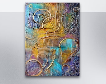 Textured Abstract Acrylic Painting | Teal Purple Gold Circle Art | Modern Wall Decor | Original Canvas