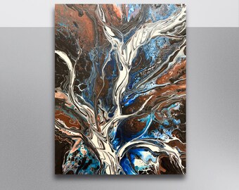 Abstract Fluid Acrylic Painting | Blue Brown White Flow Art | Original Canvas