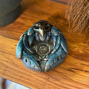 Handmade Clay Sculpture Raven Feather Dish with Skull Accent image 5