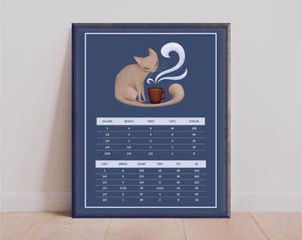 Coffee Cat / Tea Cat Kitchen Measurements and Conversions 11" x 14" Print