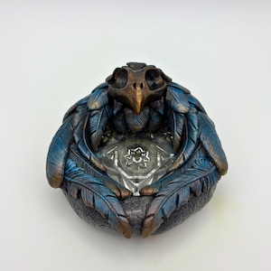 Handmade Clay Sculpture Raven Feather Dish with Skull Accent image 1