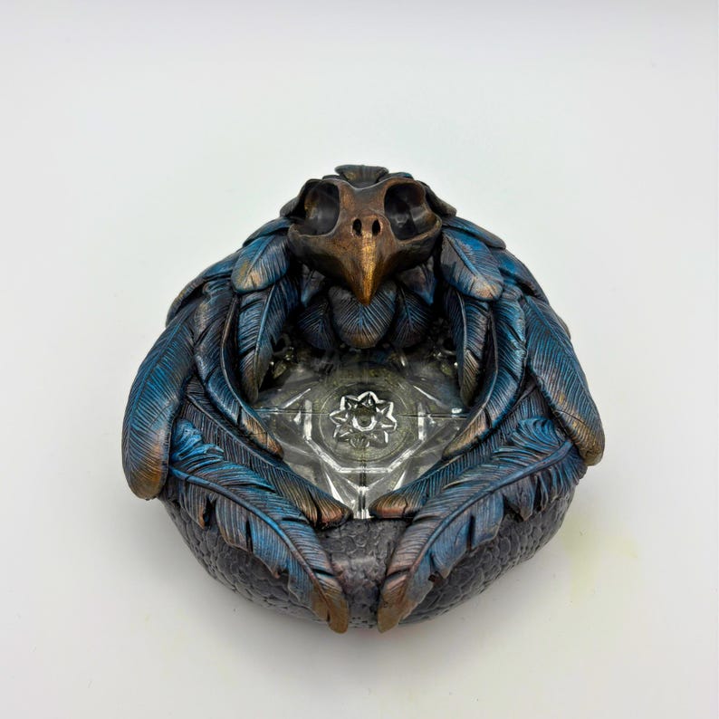 Handmade Clay Sculpture Raven Feather Dish with Skull Accent image 1