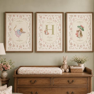 Peter Friends Nursery Prints, Set of prints, Personalized Floral Initial Art