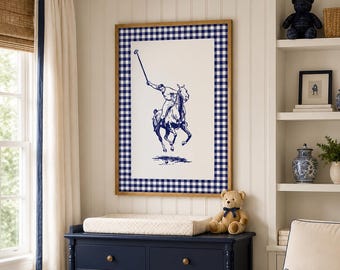 Muurkunstdruk marineblauwe polo, kunst paardensport, decoratie blauw pastel