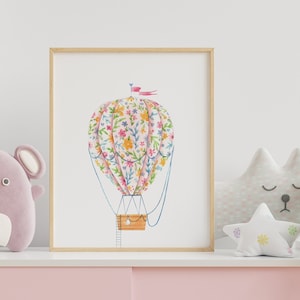 Decorazione per la cameretta dei bambini con mongolfiera, decorazione per la cameretta dei bambini con fiori di campo, arte murale Grandmillennial, decorazioni floreali Grand millennial, idee per decorazioni minimaliste per la cameretta dei bambini