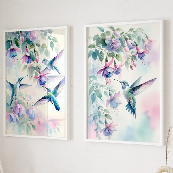 Zachte pastel roze kolibries met bloemen aquarel print set van 2, delicate bloemen vogel kunst aan de muur voor decor van het huis, digitale kunst aan de muur