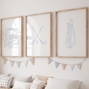 Decorazione per cameretta per bambini in azzurro chiaro, set di stampe sopra la culla, cameretta per bambini con golf, arte murale classica, decorazione per cameretta per bambini, arte minimalista per bambini grandmillennial