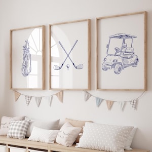 Decoração de quarto de meninos azul marinho, decoração de parede de berçário de menino, impressões azul marinho acima do berço, arte de parede, decoração de golfe, bebê menino, esboço de arte de berçário grandmillenial