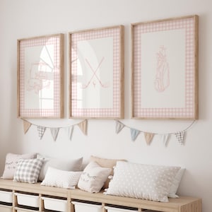 Art mural rose golf grand-millénaire au-dessus du lit de bébé, décoration esthétique vichy pour filles chambre de bébé, impressions de lit de bébé vichy