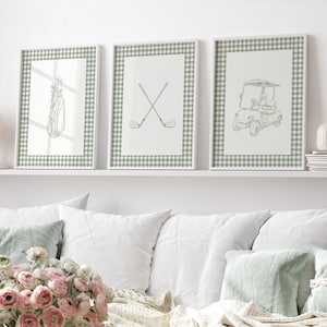 Sage Green Golf Nursery Art: Gingham Border Prints (Digital Download)