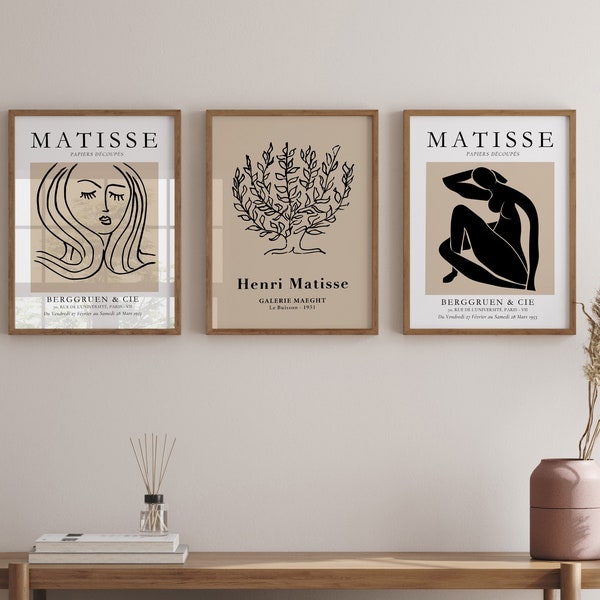 Neutral Henri Matisse prints, Minimalist Black Matisse wall art of 3 prints Matisse Cutout Art Prints, Famous Artists Prints, Tan Wall Art