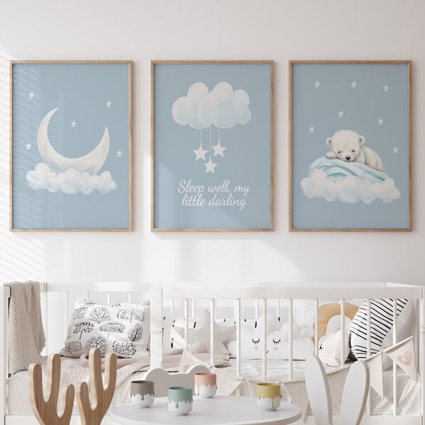 Moon Clouds & Bear – Bilingual English and French Text, Baby Blue Nursery, Twinkle Little Star, Printable Baby Boy Nursery, Boho nursery