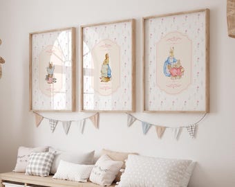 Peter Rabbit Nursery Prints (Set of 3), Vintage Floral Wall Art