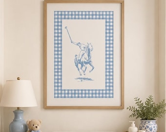 Preppy polo muurdecoratie voor de kinderkamer | Blauwe ruitjesprint met paardenmotief | Digitale print