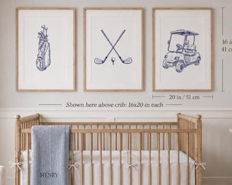 Marineblauwe golfprints voor de babykamer, preppy muurdecoratieset voor een babyjongen (3 digitale downloads)