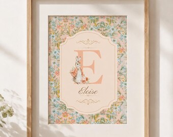 Letrero floral con el nombre de Peter Rabbit, decoración infantil Grandmillennial