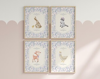 Floral Woodland Nursery Prints: Grandmillennial Girl Decor (Set of 4) (Digital Download)