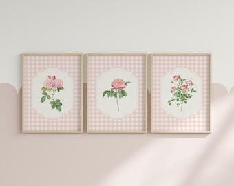 Pink Floral Nursery Prints Set: Gingham Baby Girl Room Decor