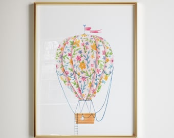 Floral Hot Air Balloon Nursery Print: Baby Girl Decor (Digital Download)