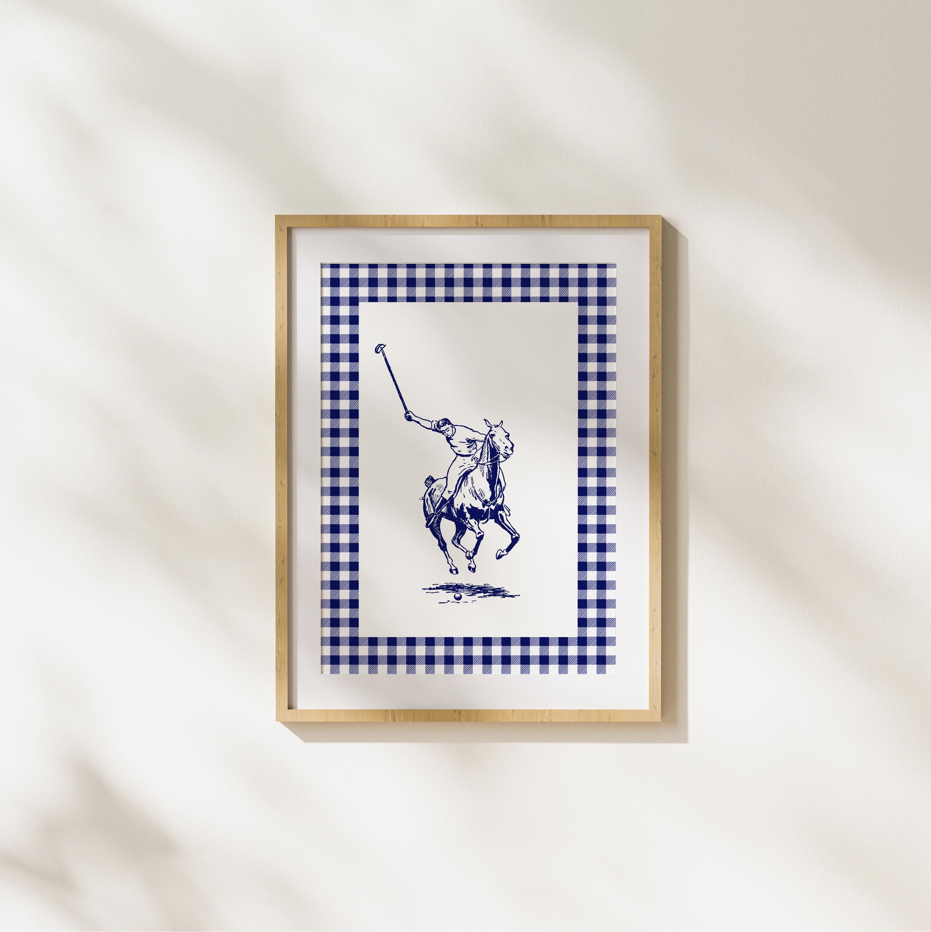Marineblauwe poloprint: gingham-rand, Grandmillennial-kwekerij (digitale download)