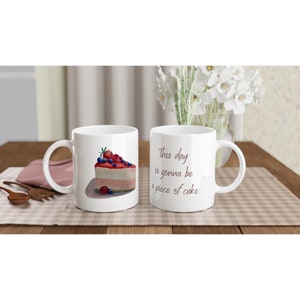 Uroczy akwarelowy biały 11oz ceramiczny kubek | Piece Of Cake Mugs | Brytyjskie kubki do herbaty | Nadruk akwarelowy