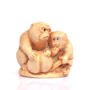 Japanese Monkeys Netsuke, Hand Carved Moose Antler, Signed by Artist, Contemporary Miniature Sculpture