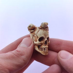 Puede incluir: Pequeña y detallada figura de calavera en tonos beige y marrón. La calavera tiene dientes y cuencas de los ojos visibles, con dos pequeñas protuberancias redondeadas en la parte superior. La figura se sostiene entre dos manos sobre un fondo blanco.