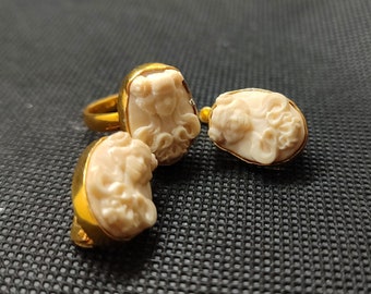 Cameo Jewelry Set, Sterling Silver, Gold-plated, Carved Bone