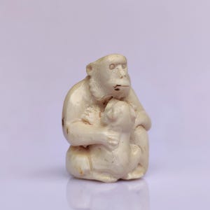 Japanese Monkeys Netsuke, Hand Carved Moose Antler, Signed by Artist, Contemporary Miniature Sculpture