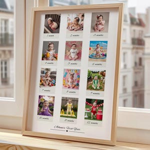 Collage de fotos personalizado, fotos del primer año, exhibición de fotos del primer cumpleaños, póster del primer año del bebé, tablero de fotos de hitos
