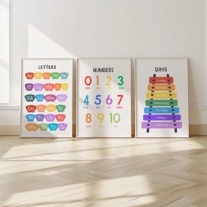 3er Set Lernwandkunst, Das Alphabet, Wochentage, die Zahlen 1-10, Homeschool|Klassenzimmer Poster, Kinder Spielzimmer Deko