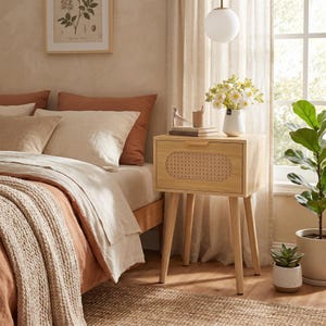 May include: A light wood nightstand with four tapered legs and a single drawer featuring a centered oval panel of woven cane webbing. The drawer has a thin horizontal handle. The nightstand is positioned next to a bed with layered bedding.