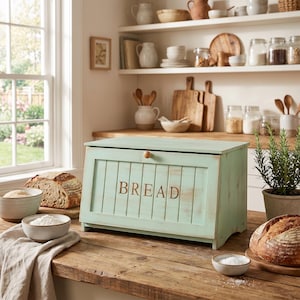 May include: A rectangular, light green wooden bread box with a hinged lid and a small wooden knob. The front panel features vertical slats and the word BREAD in brown lettering. The finish has a distressed, weathered appearance.