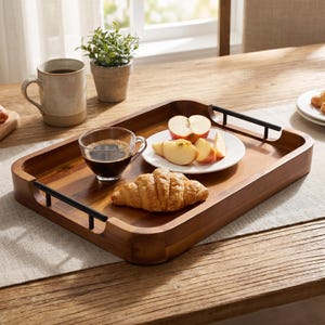 May include: A rectangular wooden serving tray with rounded corners and two matte black metal handles. The tray holds a clear glass cup filled with dark coffee, a white plate with sliced red apples, and a golden-brown croissant pastry.