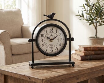 Bird Accent Table Clock, Vintage Farmhouse Desk Clock, Rustic Mantel Decor, Silent Tabletop Clock for Living Room