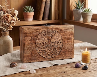 Tree of Life Wooden Keepsake Box, Hand Carved Jewelry Box, Rustic Memory Chest, Spiritual Storage Box, Wooden Trinket Box Gift