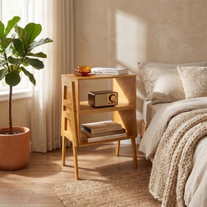 May include: A light-toned bamboo nightstand featuring two open shelves. The top shelf holds an amber glass cup and a white book, while the middle shelf contains a brown radio. The bottom shelf holds two stacked books with white and brown covers.