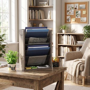 May include: A vertical desktop file organizer with a wood-grain finish frame and five tiered black metal mesh compartments. The organizer holds blue file folders and documents, with a small black cup labeled with the letter C containing pens.