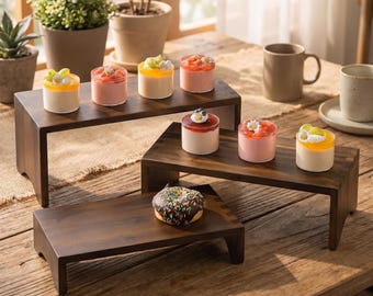 Acacia Wood Display Stand Set, Rustic Dessert Risers for Kitchen Decor, Wooden Countertop Organizer and Display Shelf