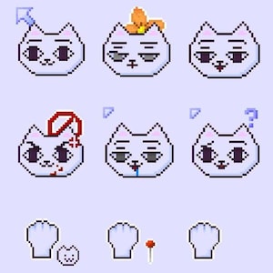 May include: A set of pixel art cursors featuring a white cat with different expressions, including a flower on its head, a bandage, and a question mark. Other cursors include a blue cloud, scissors, a fork, a stick, and arrows pointing in different directions. The text "NYAKO CURSOR" is displayed in blue letters.
