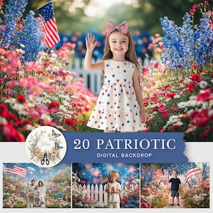 Könnte beinhalten: Ein junges Mädchen in einem sternförmigen Kleid winkt in einem lebendigen Blumengarten, mit einer amerikanischen Flagge im Hintergrund. Das Bild ist ein digitaler Hintergrund mit dem Text "20 PATRIOTIC DIGITAL BACKDROP".