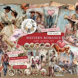 Western Romanze Cowgirl und Cowboy Valentine Thema Junk Journal Kit, Ephemera, Digitale Papiere, Tags, Label, Fussy Schnitte, Journal Wörter