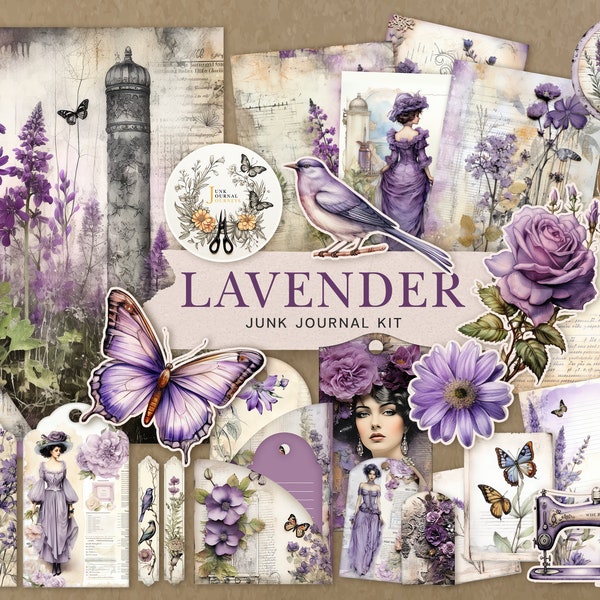 Lavender Dream DIY Junk Journal Kit and Scrapbooking, Ephemera, Digital Papers, Tags, Future Updates, digital download