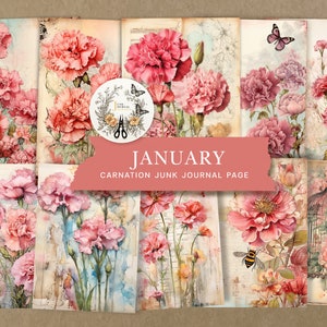 Mes de Nacimiento Flores Enero - Clavel Diario basura Páginas imprimibles para revistas Álbum de recortes Papel viejo Efímera Flor vintage Shabby Chic