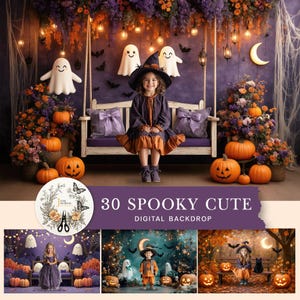 May include: A young person in a witch costume sits on a swing, surrounded by Halloween decorations. The scene includes pumpkins, ghosts, bats, and string lights. The text "30 SPOOKY CUTE DIGITAL BACKDROP" is displayed.