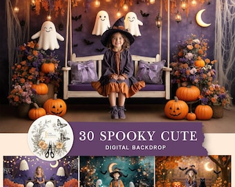 May include: A young person in a witch costume sits on a swing, surrounded by Halloween decorations. The scene includes pumpkins, ghosts, bats, and string lights. The text "30 SPOOKY CUTE DIGITAL BACKDROP" is displayed.