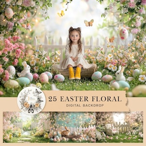 May include: A digital backdrop featuring a whimsical Easter scene with a girl sitting on a log surrounded by colourful eggs, flowers, and butterflies. The backdrop is perfect for creating festive Easter photos.