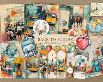 May include: A digital scrapbook kit with a back to school theme. The kit includes images of school buses, globes, backpacks, apples, and other school-related items. The kit is perfect for creating scrapbook pages, cards, and other paper crafts.