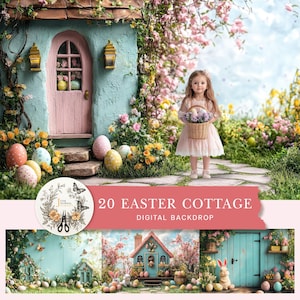 May include: A digital backdrop featuring a cottage with a pink door and a girl holding a basket of Easter eggs. The cottage is surrounded by flowers and greenery. The text "20 Easter Cottage Digital Backdrop" is displayed below the image.